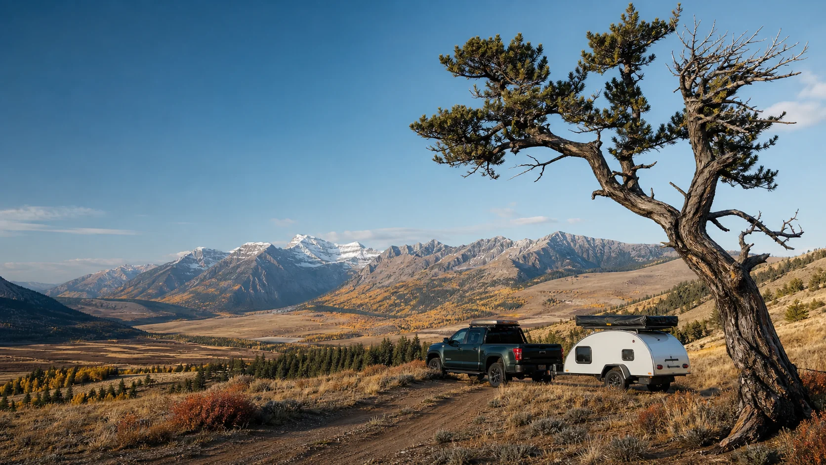 A pickup and compact trailer beneath a crooked tree in a mountain valley