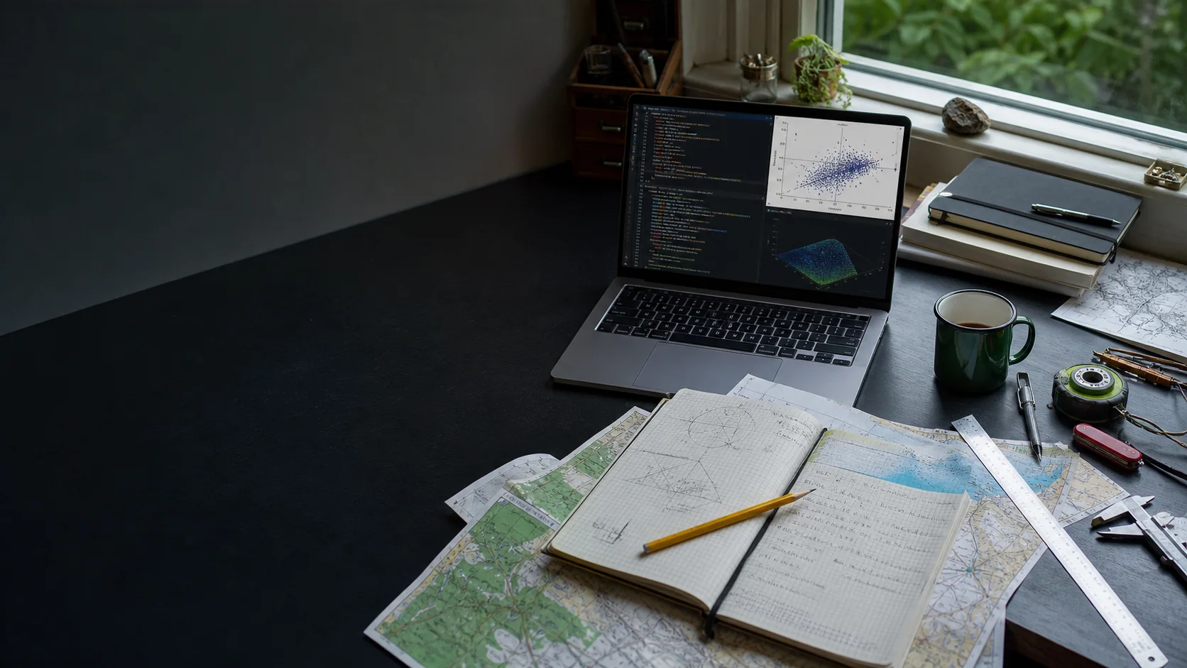 A working desk with code, model diagnostics, maps, and a field notebook